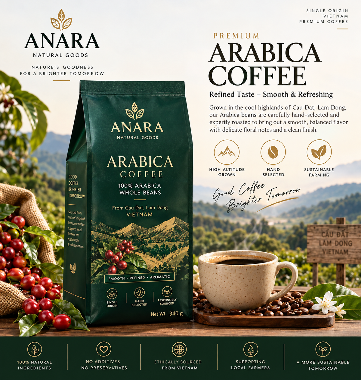 Anara Premium Arabica Coffee – Whole Bean, 340 g