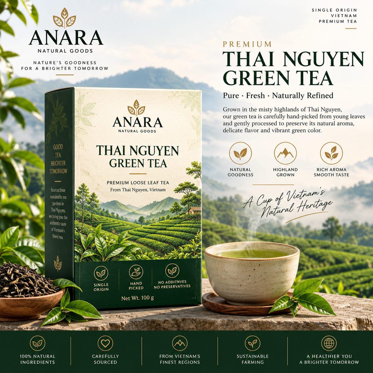 Anara Premium Thai Nguyen Green Tea – Loose Leaf, 100 g