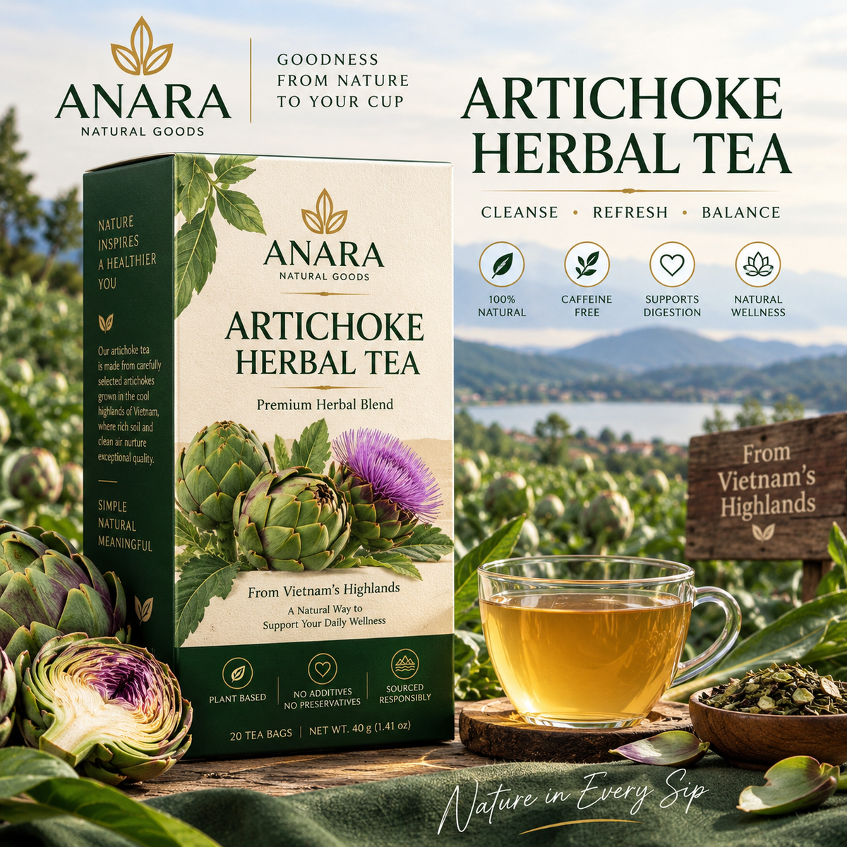 Anara Premium Artichoke Herbal Tea – 20 Tea Bags, 40 g